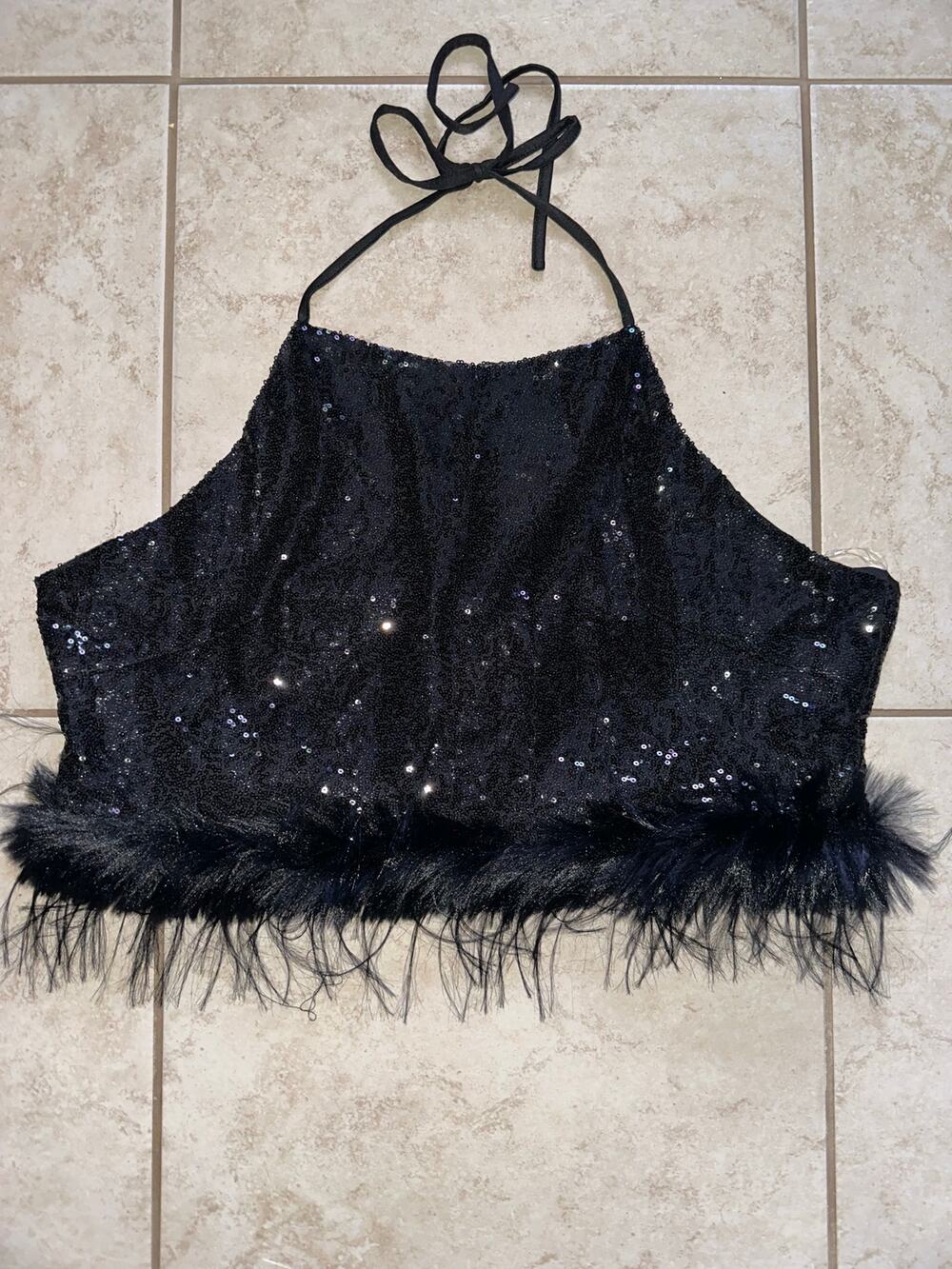 Petal & Pup Black Sequin Feather Trim Halter Top XL NWT